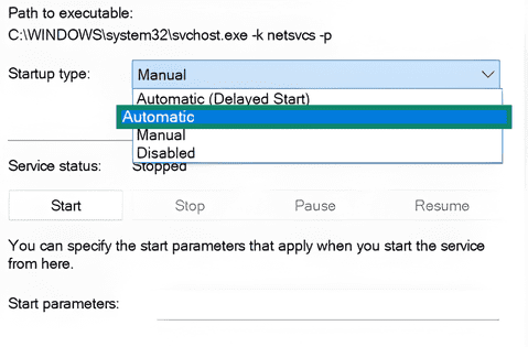 Windows service options window showing the settings are changed from Manual to Automatic.