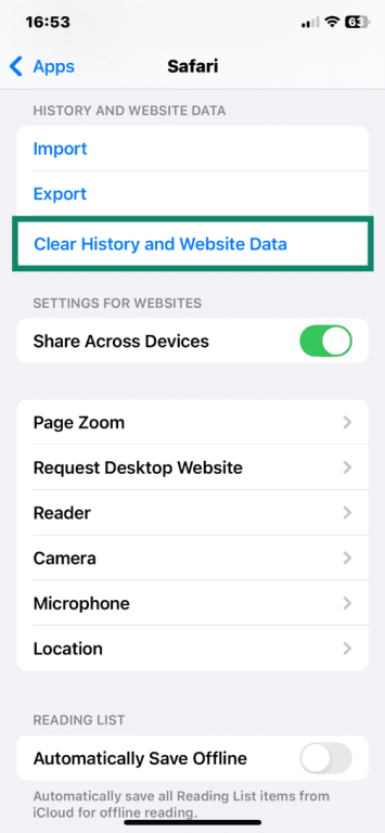 Safari app settings open with Clear History and Website Data option highlighted