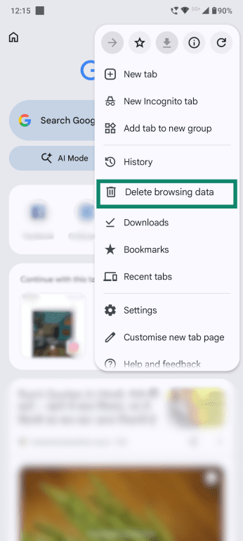 The "Delete browsing data" option in Settings in Google Chrome on Android.