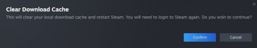 The Steam Clear Download Cache confirmation popup.