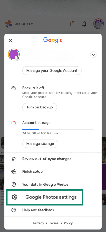 The Google Photos iOS menu screen, highlighting the Google Photos settings option.
