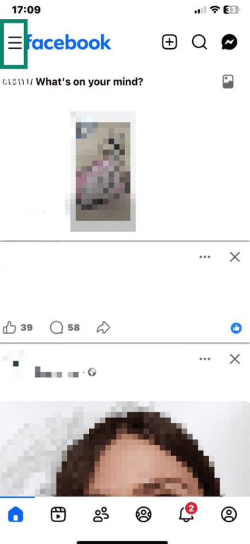 Facebook on iOS with three-line menu highlighted