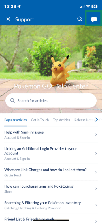 Pokémon GO Help Center open with chat icon highlighted