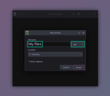 Creating a new Linux archive in Archive Manager.