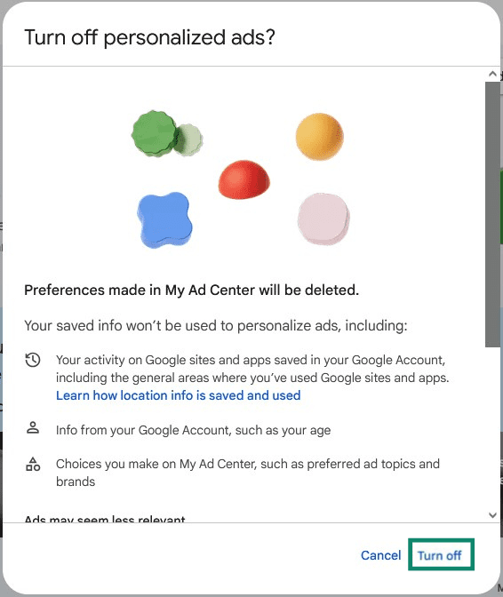 Google My Ad Center pop up for turning off personalized ads with the Turn off button highlighted.