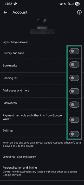 Google sync settings highlighted in the Google chrome settings.