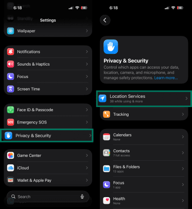 iPhone Settings showing Privacy & Security and Location Services highlighted