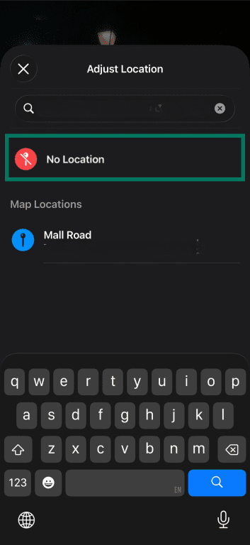 Adjust Location screen with No Location option