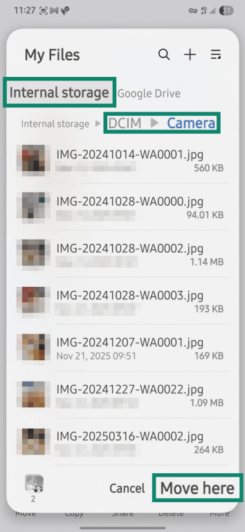 Choosing a destination folder on Android.