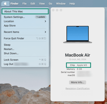 Screenshot of the macOS setting menu, highlighting "About This Mac" and where to check which chip or processor the Mac uses.