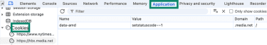 Chrome DevTools Application tab showing third-party cookies in the Cookies panel.