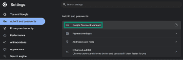 Accessing Google Password Manager through Chrome's Autofill and passwords menu using the desktop browser.