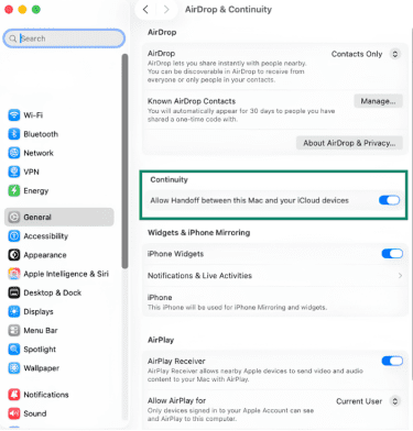 AirDrop & Continuity settings pane showing the Allow Handoff between this Mac and your iCloud devices option toggled on.