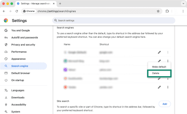 Chrome's Settings panel with the list of available search engines and the option to delete entries.