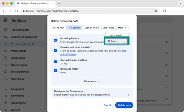 Chrome's Delete browsing data dialog box, with a highlight that lets a user pick a custom timeline for deletion.