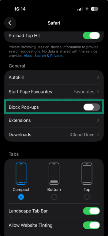 The "Block Pop-ups" option toggled off and highlighted in Safari settings on iOS.