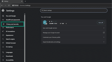 Chrome's settings, showing the "Privacy and security" tab.
