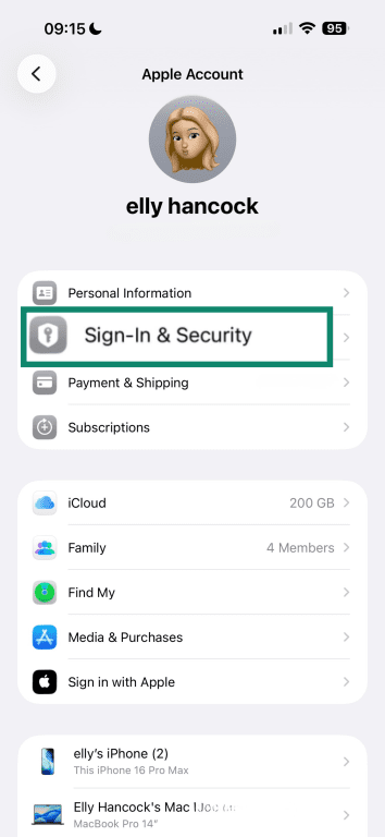 Apple sign in and security settings.