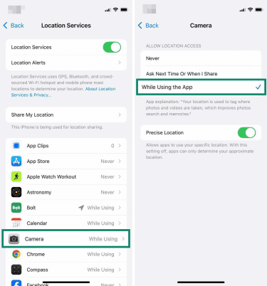 App location access settings.