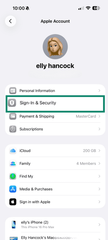 Sign in & Security settings on iPhone.
