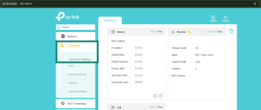Wireless Settings option in router admin home page.