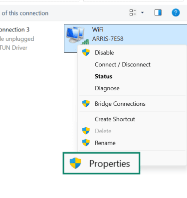 Network Connections window showing a Wi-Fi connection right-click menu with “Properties” highlighted.
