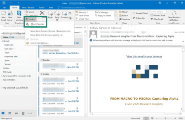 How to access the block sender option from the Home tab in classic Outlook for Windows