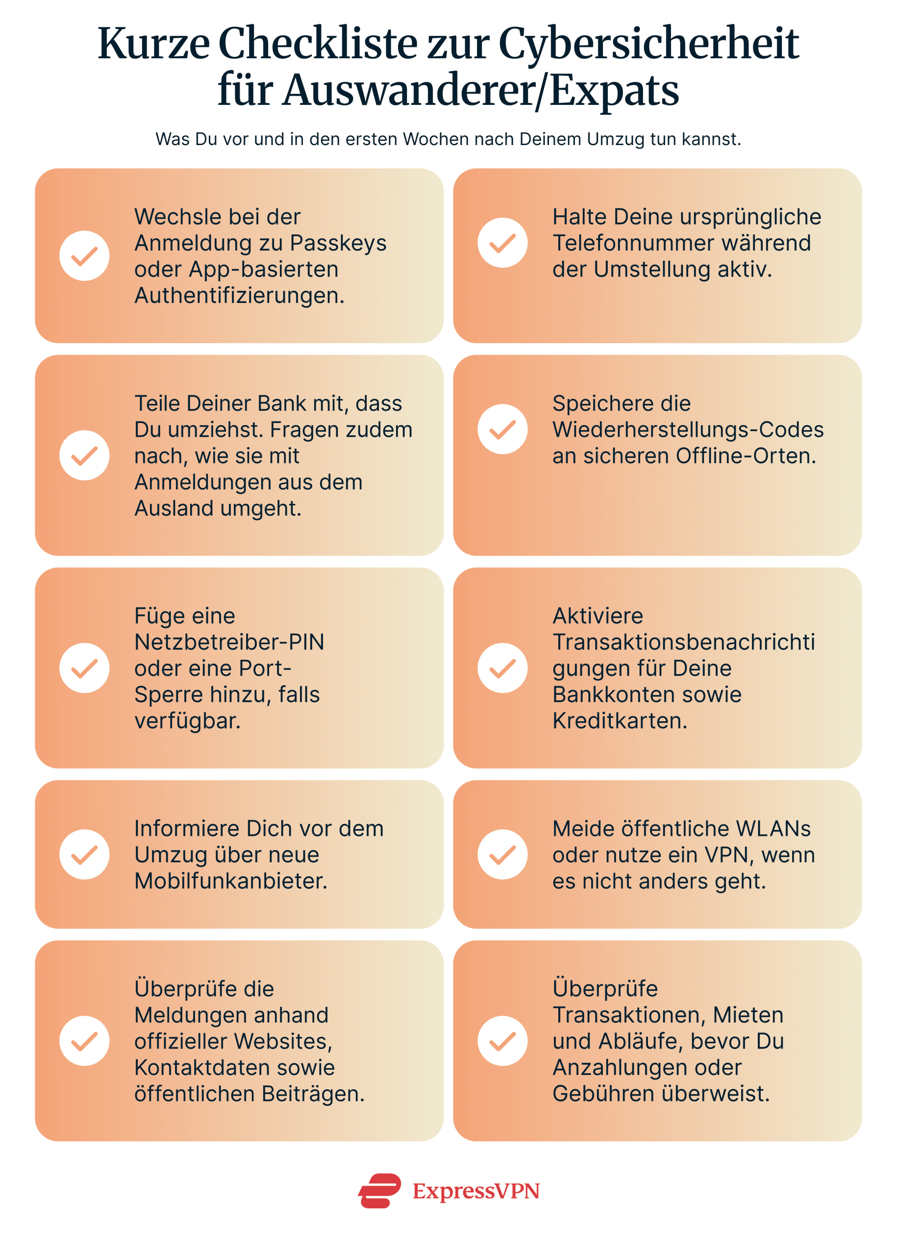 Cybersecurity checklist for expats for before and during the first few weeks of moving abroad: using passkeys or app-based authentication for logins, coordinating with your home bank, enabling port freeze on your old SIM, researching new carrier options, using a VPN on public Wi-Fi, and staying cautious of potential scams