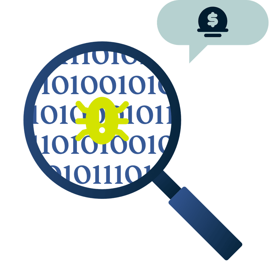 バグとそれを写す虫眼鏡と謝礼シンボル。