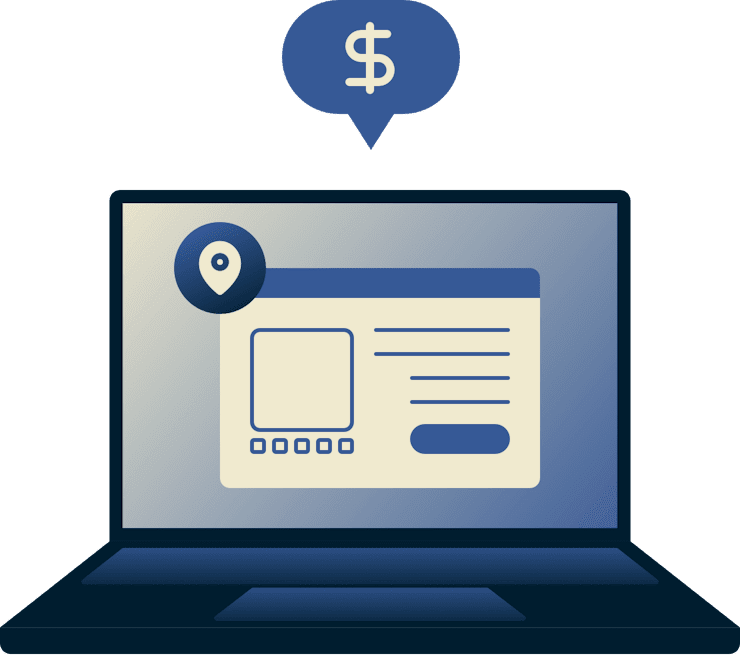 Laptop showing a browser window with a location pin and a dollar sign above it.